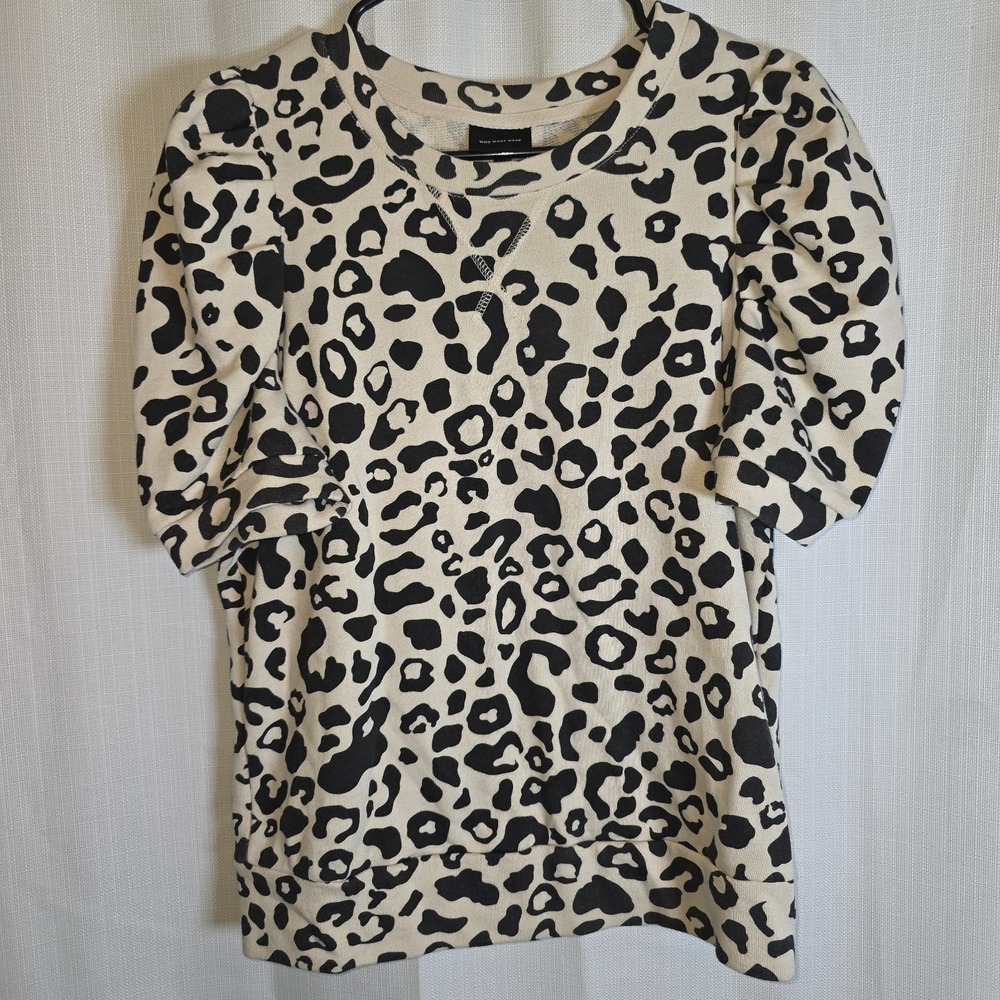 Who What Wear Animal Print Puff Sleeve Top Women's Size Small Crew Neck Knit